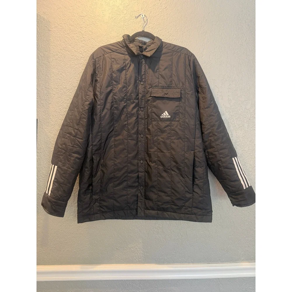 Adidas Primegreen Black Quilted Snap Front Shirt Jacket Mens Large 3-Stripe Logo
